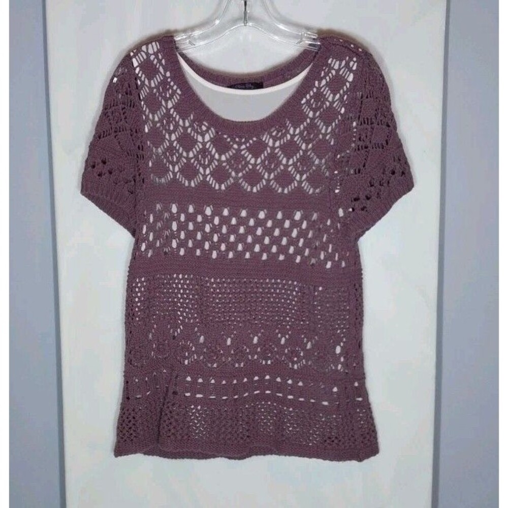 Olivia Sky Crochet Overlay Top L Purple White Boho Lined Tunic Sheer Festival